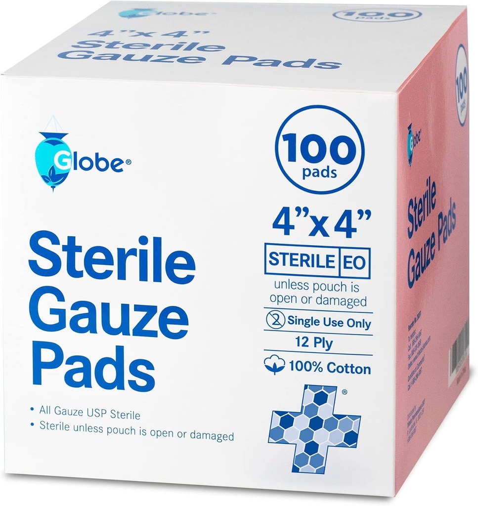 Globe 4' x 4" Advanced Sterile Gauze Pads for Yara Elbise Giymek için İleri Düzeyleri / 100-Pack, Bireysel Paketlenmiş | 12Ply Cotton & Highly Absorbent| Advanced Gauze Sponge-Pads for Yara Care & Home First Aid Kits (4 x 4) x 4)