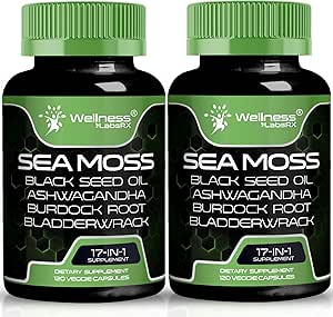 Ιρλανδικές κάψουλες Moss της θάλασσας, 17-σε-1, Seamoss Black Seed Oil, 120 Count, Ashwagandha Burdock Ρίζα οργανικές κάψουλες Bladderwrack 