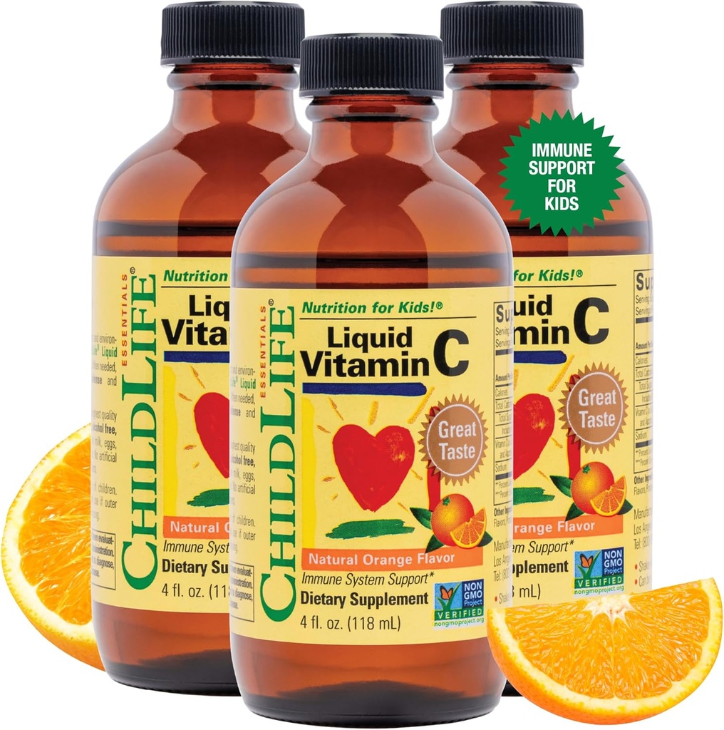 ÇOCUKLIFE ESSENTIALS Sıvı Vitamin C - Çocuklar için Saf Vitamin C Sıvı Supplement, Immune System Support, Great Taste - Natural Orange Flavor, 4 Fl Oz (Pack of 3)