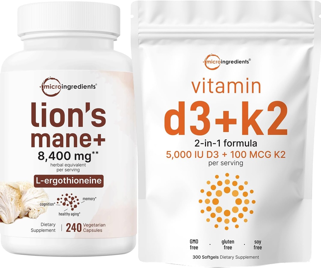 Mikro Malzemeler D3 5.000iu + K2 100mcg Softgels & Lions Mane Supplement 240 Veggie Capsules Paket 2 Pack | Essential Sunshine Vitamins | Superfood Mushroom Antioksis with L-Ergothioneine