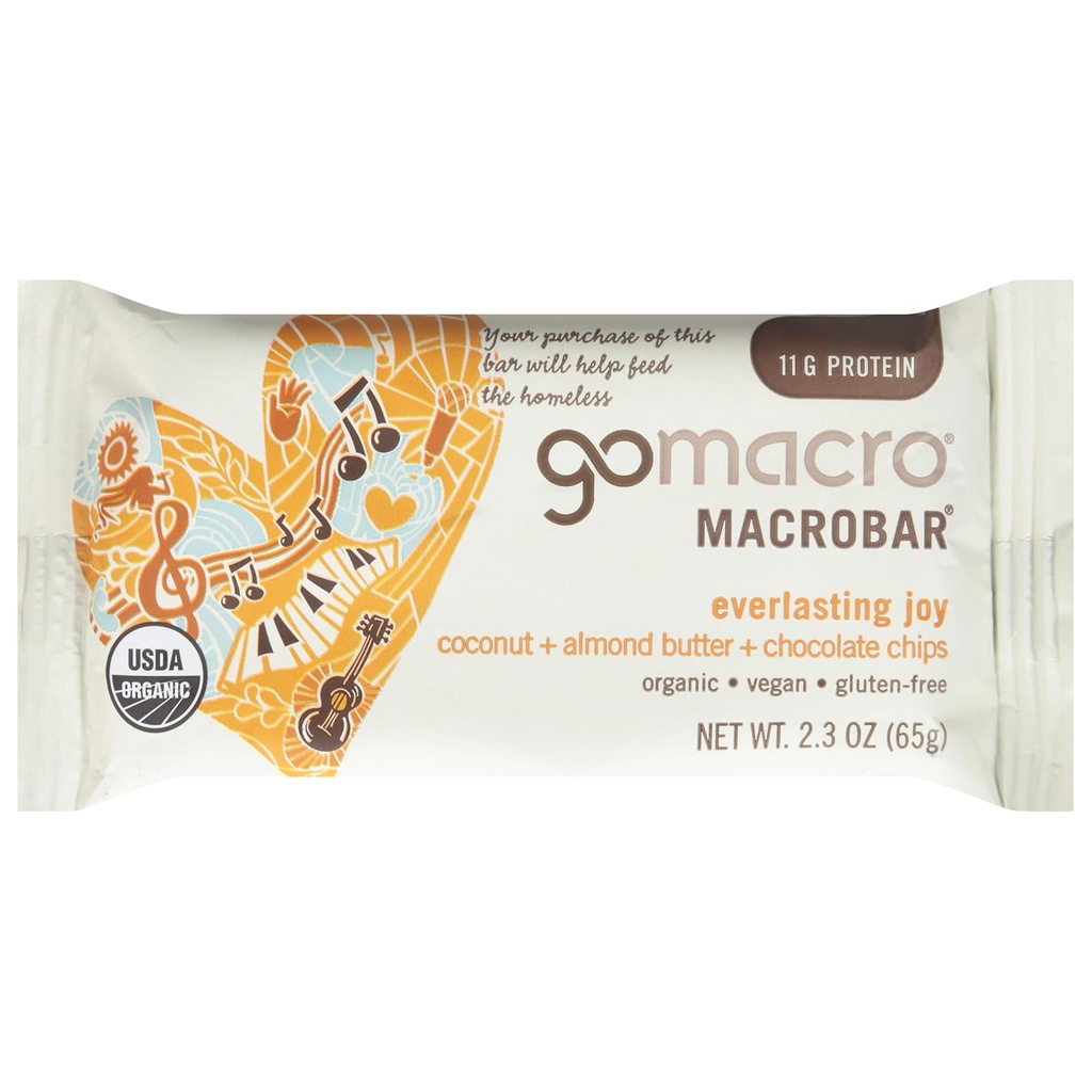 GoMacro MacroBar, Organik Vegan Protein Bar, Coconut, Almond Butter + Chocolate Chips, 2.3 Ounce