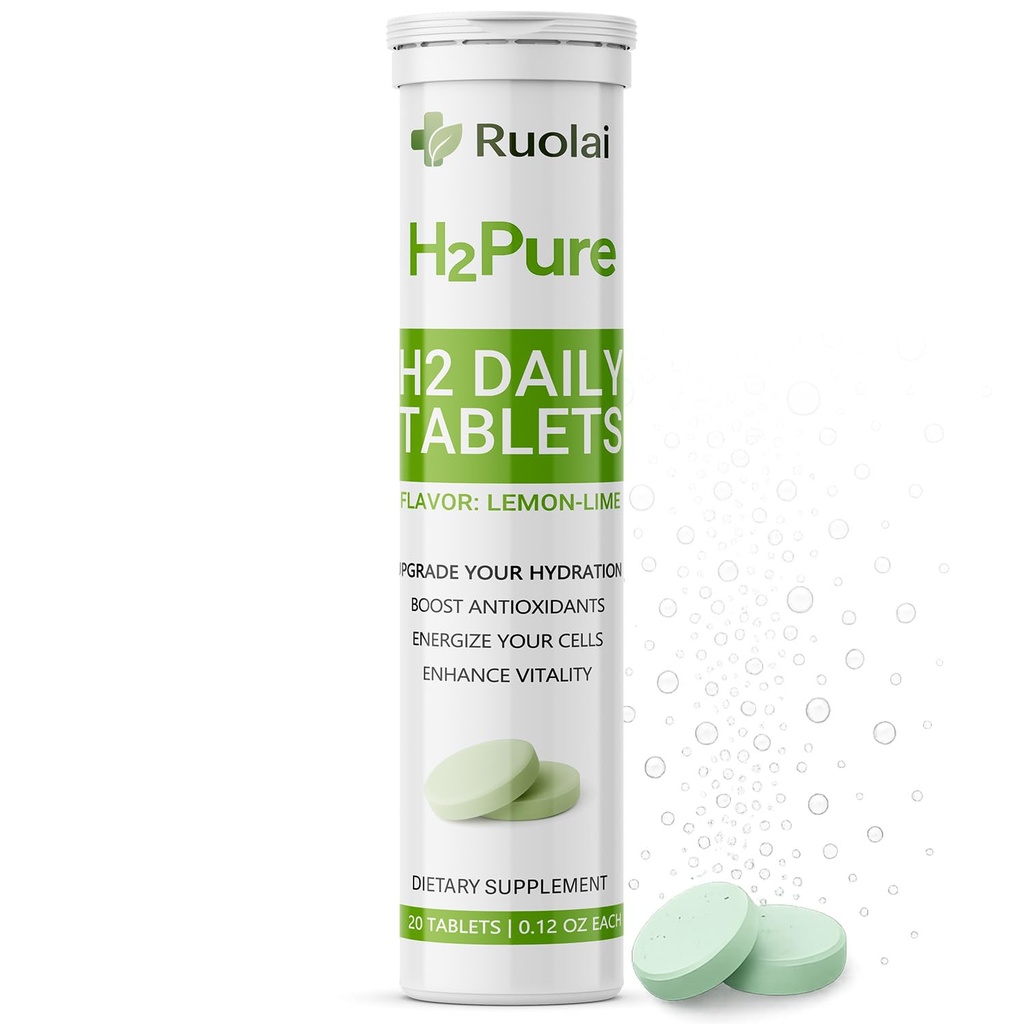 Ruolai H2pure Hydrogen Tablets – H2 Tabs – Fast-Dissolving Hydrogen Supplement for Cellular Hydration, Detox, Liver & Mental Clarity – Caffeine-Free, Veg (Lemon-Lime)