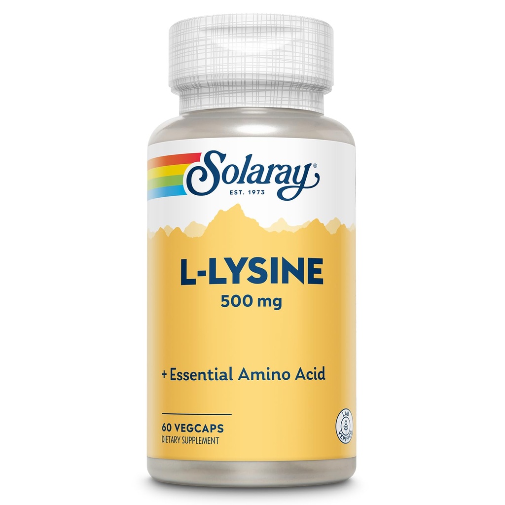 SOLARAY L Lysine 500 mg Capsules - Free-Form Essential Amino Asits Supplement - L-Lysine Amino Asit ile Güçlü Sağlık Desteği - Lab TY, 60 Günlük Garanti, 60 Hizmet, 60 VegCaps