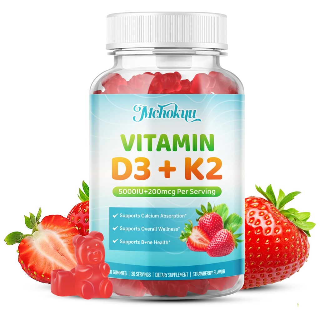 Vitamin D3 K2 Gummies with Calcium – Bone & Immune Support, 60 Gummies | D3 5000 IU & K2 200mcg (MK-4 & MK-7), 0 Sugar, Non-GMO, Strawberry. Supports Bone & Calcium Absorption* for Daily Wellness