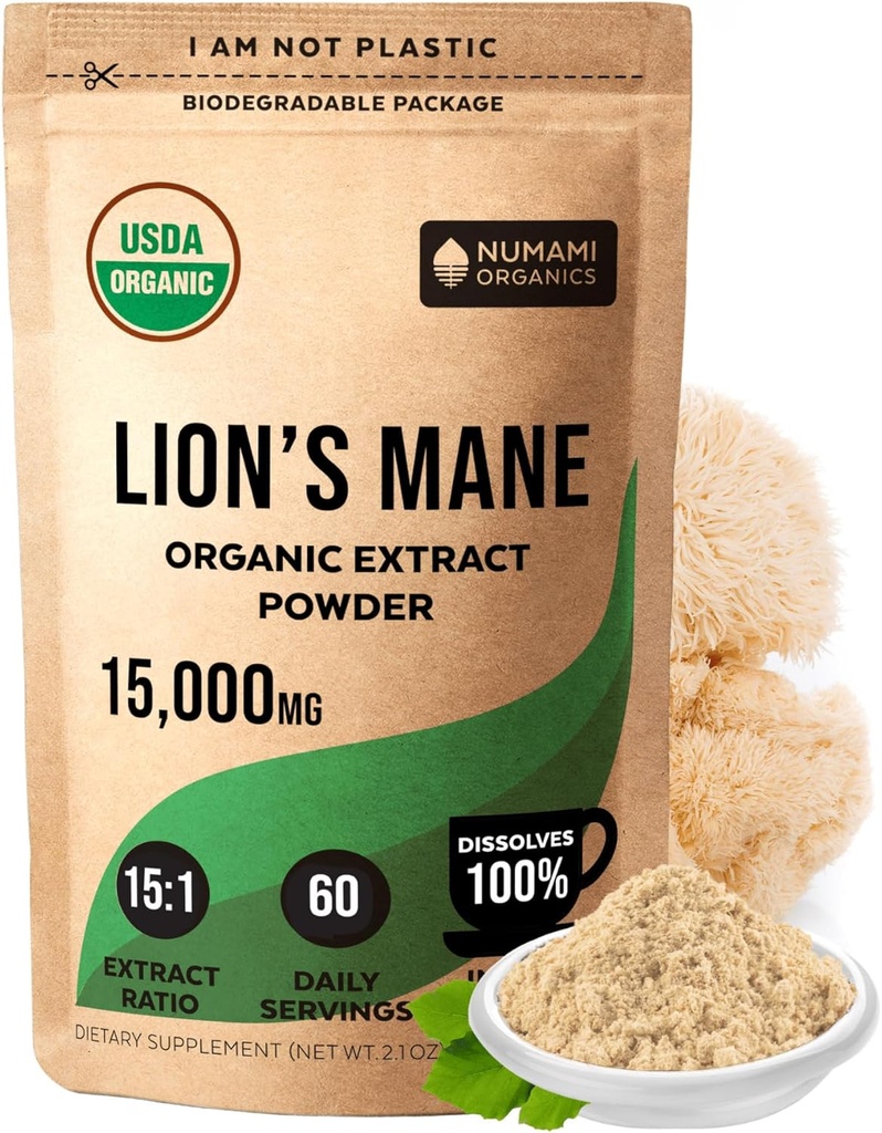 Numami Organic Lions Mane Mushroom Extract Powder | Double Extraction for High Potency | Easily Dissolves in Daily Tea Coffee or Smoothie to Enhance Cognitive Function