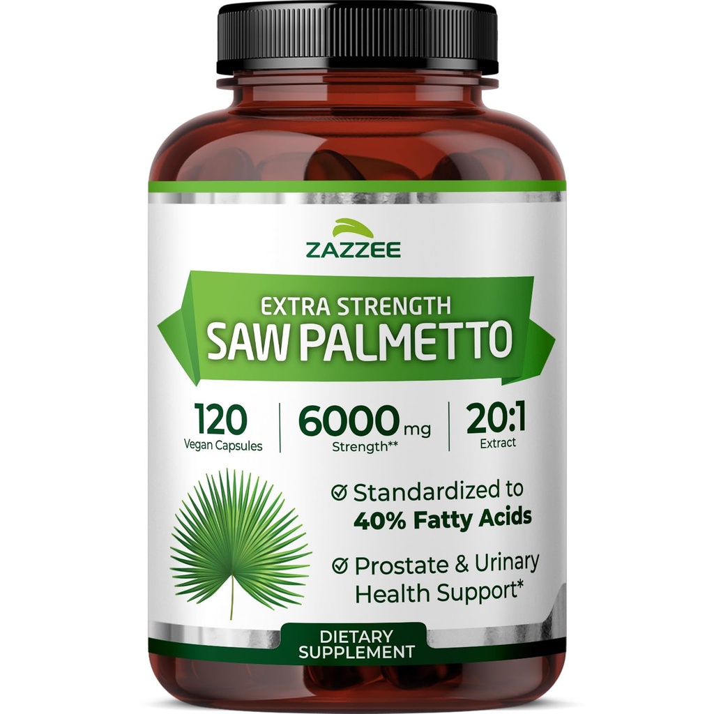 Zazzee Extra Strength Saw Palmetto 20:1 Ekstraksiyon, 6000 mg Güçlü,% 40 Fatty Asits, 120 Vegan Capsules, 4 Ay Supply, Interd ve Standardized 20X Extract, Non-GMO, All- Natural, Made in the USA