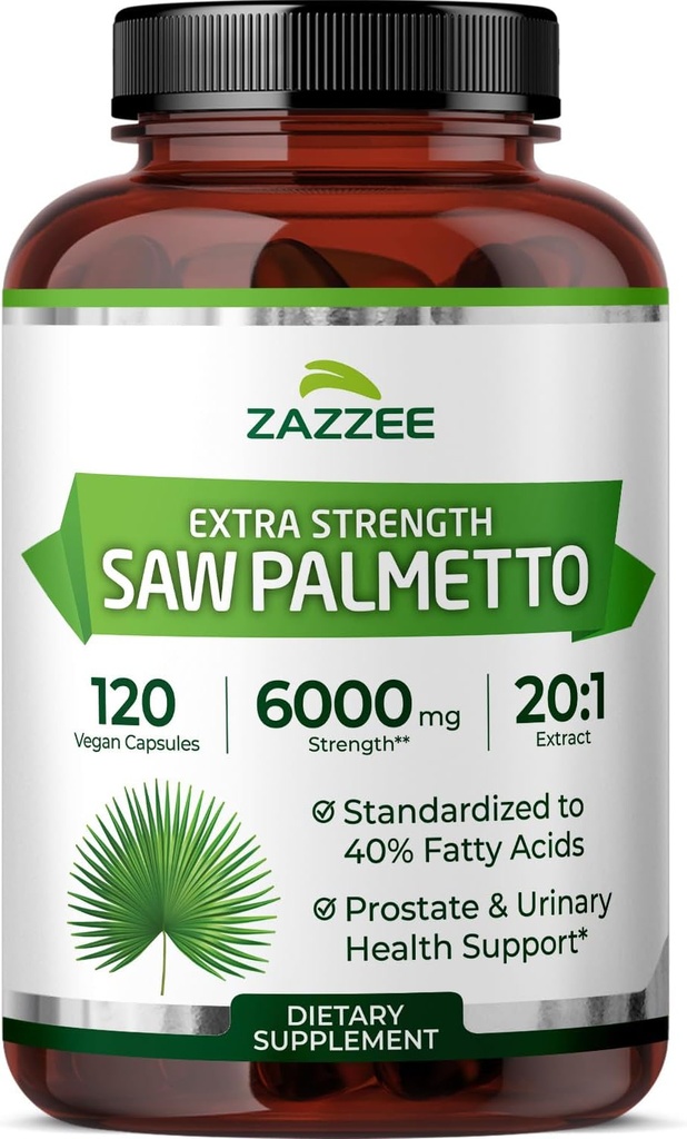Zazzee Extra Strength Saw Palmetto 20:1 Extract, 6000 mg Δύναμη, 40% Λιπαρά Οξέα, 120 κάψουλες Vegan, 4 μήνες προσφοράς, συμπυκνωμένο και τυποποιημένο εκχύλισμα 20X, μη-GMO, όλα φυσικά, Κατασκευασμένο στις ΗΠΑ