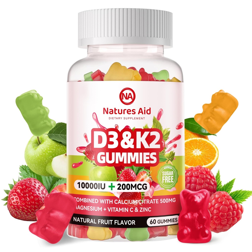 Natures Aid Sugar-free Βιταμίνη D3 K2 Gummies με ασβέστιο + K2 (MK-7), Μαγνήσιο Κιτρικό, Βιταμίνη C, Extra Strength - Ultimate Απορρόφηση για τα μυϊκά δόντια των οστών Ανοσοποιητικό, Vegan - 60 Gummies