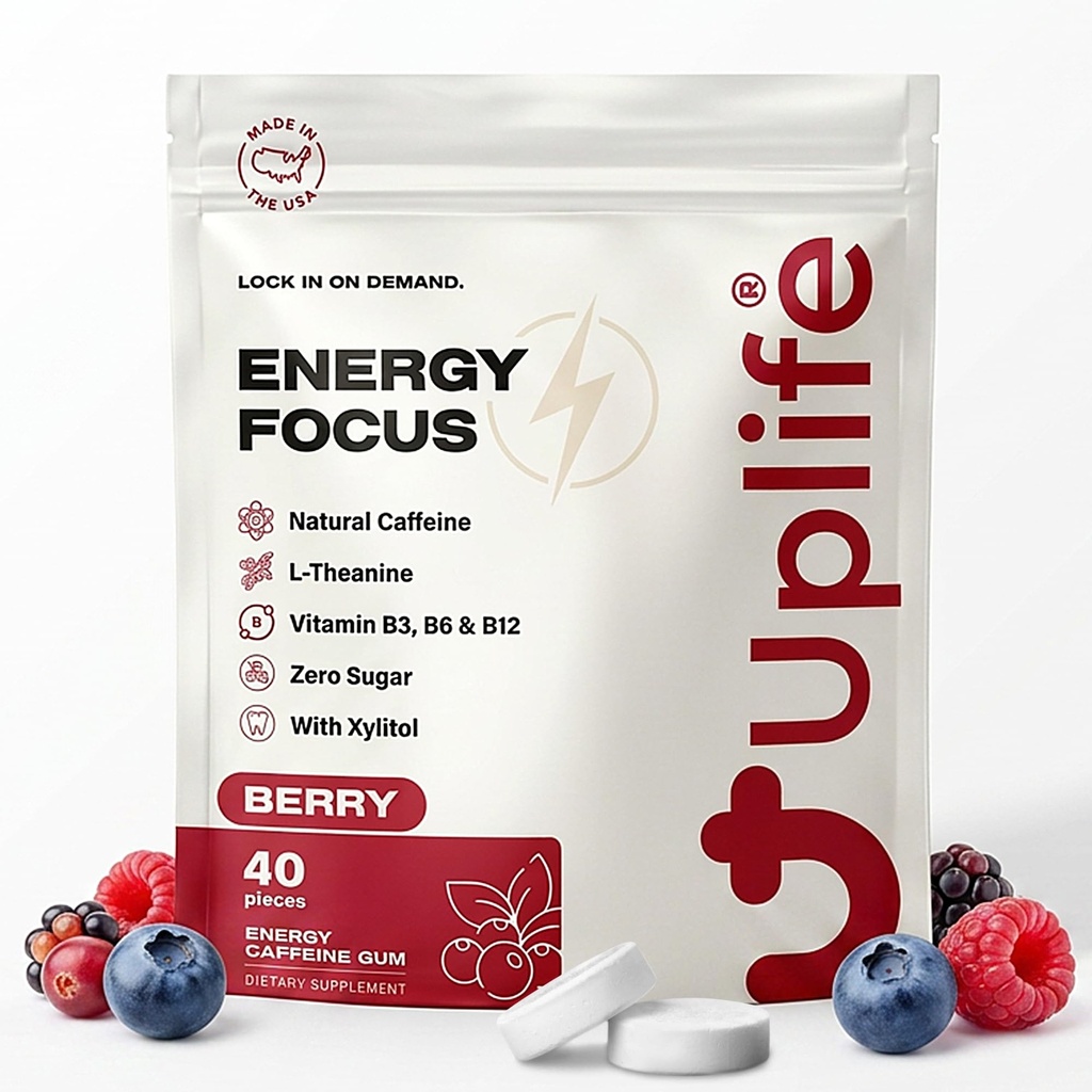 UPLIFE Energy and Focus Gum 40 Pcs – Made in USA - 40mg Nootropic Natural Caffeine + 80mg L-Theanine + Niacin Vitamin B3 & B12 – Sugar-Free, Vegan – Natural Coffee Alternative - Berry Flavor