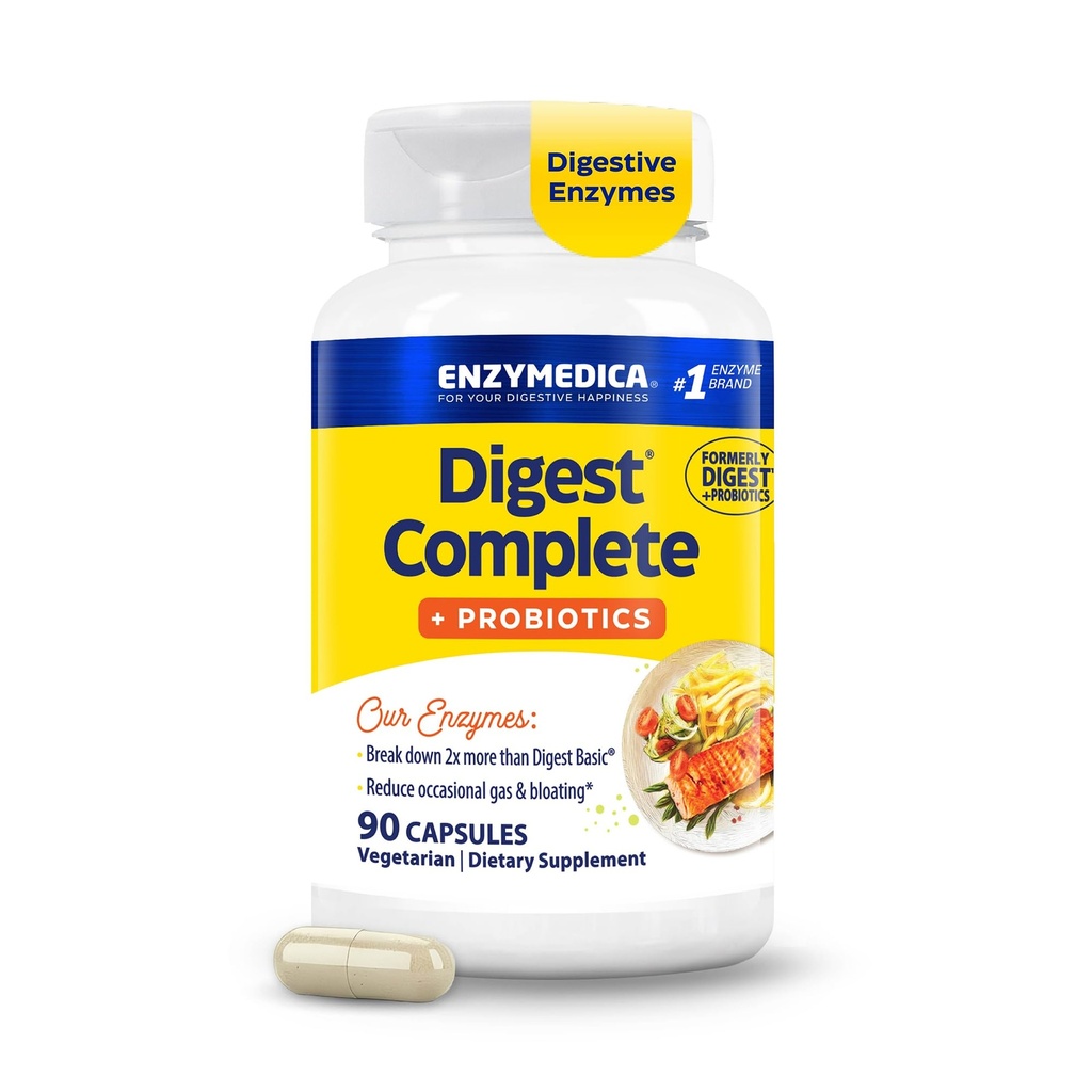 Enzymedica, Digest Complete + Probiyotiks, Full-Range, Günlük Enzymes with 800 Milyon CFU Active Cultures per Capsule, 90 Capsules