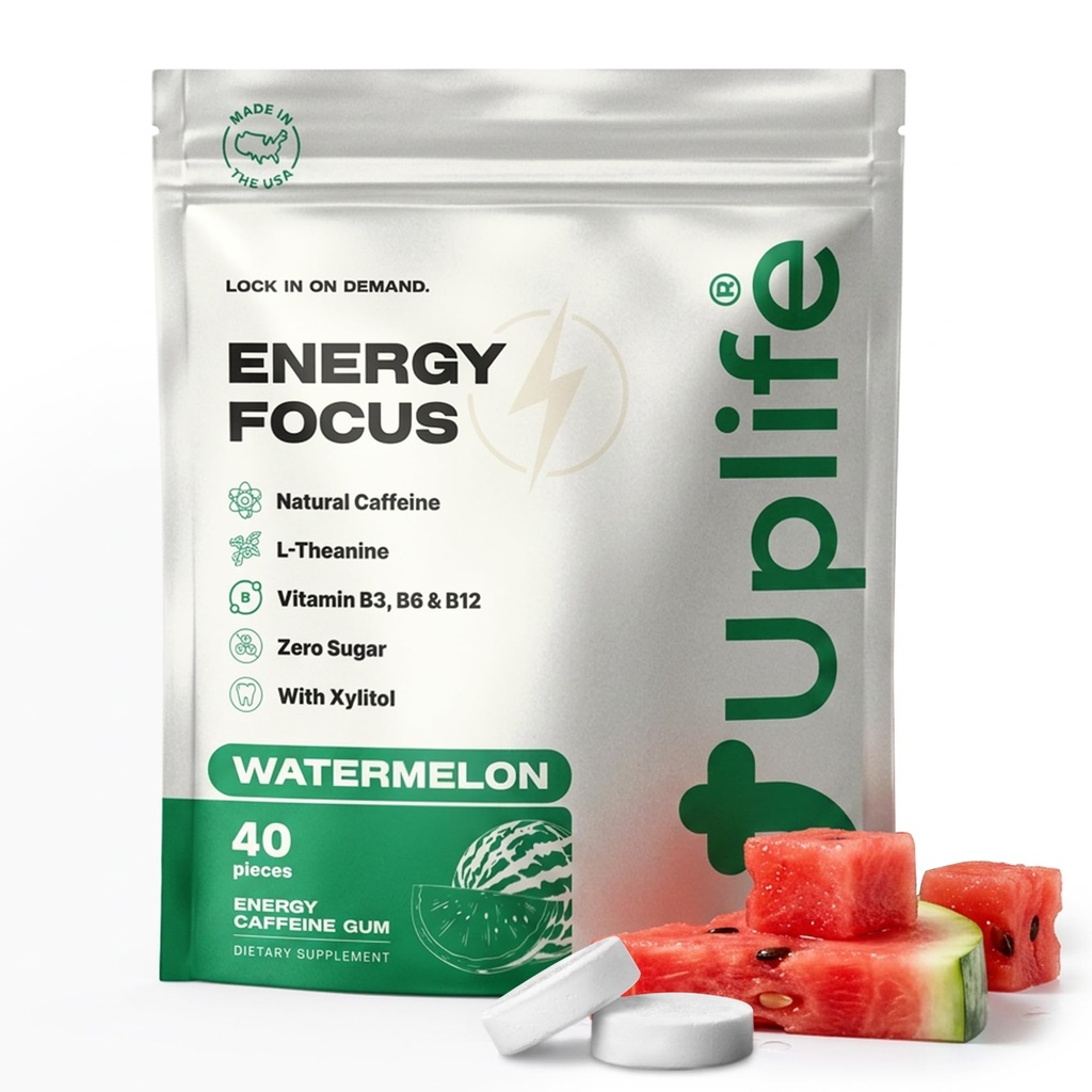UPLIFE Energy and Focus Gum 40 Pcs – Made in USA - 40mg Nootropic Natural Caffeine + 80mg L-Theanine + Niacin Vitamin B3 & B12 – Sugar-Free, Vegan – Natural Coffee Alternative - Watermelon Flavor