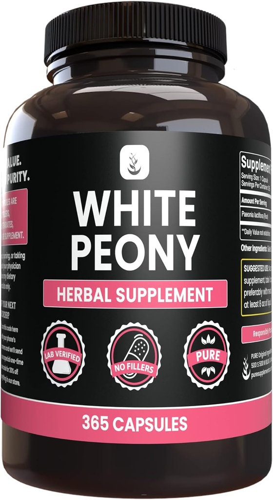 PURE ORIGINAL INGREDIENTS White Peony (365 Capsules) Magnezyum Or Rice Fillers, Always Pure, Lab TY