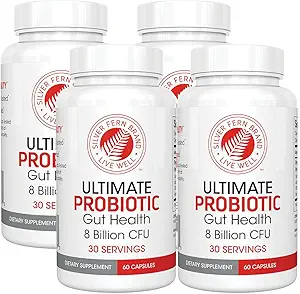 Silver Fern Brand Ultimate Probiyotik 4-Pack – Kadınlar ve Erkekler için Probiyotikler – 8 Milyar CFU Spore-Forming Gut Health Supplement – DNA TY, Probiyotik, Raf-Stable, High Survivability – 240 Capsules