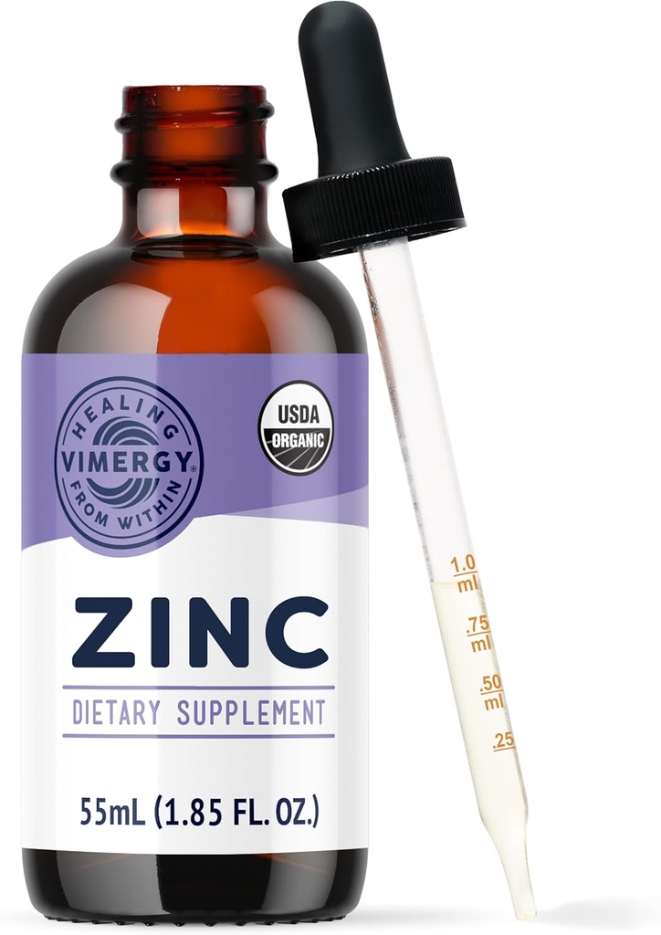 Vimergy Organic Zinc Supplements for Women & Men (7.5mg Liquid Zinc Per Serving) Fast-Absorbing Immune Support, Promotes Healthy Bones & Skin, USDA Certified Organic, Vegan, Up to 27 Servings (55 mL)