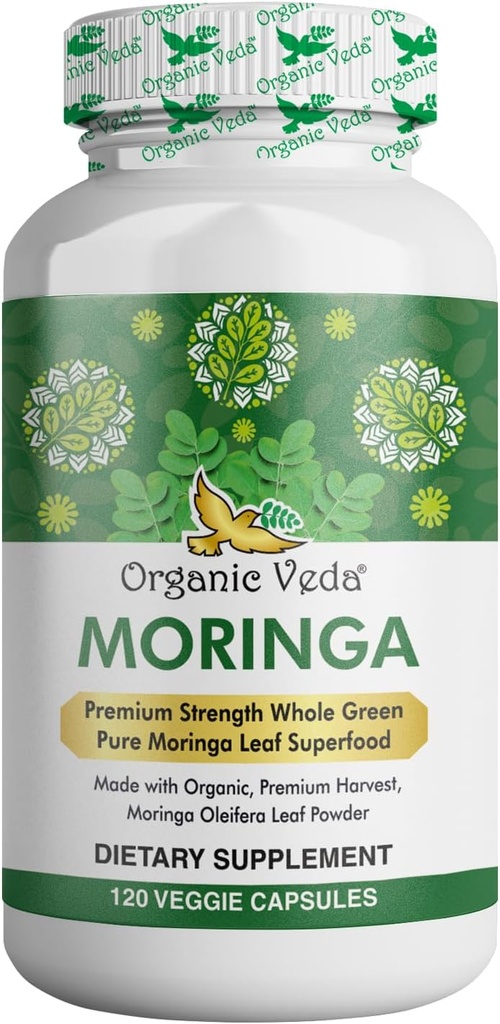 Organik Veda Moringa Leaf Capsules 1000 mg, 120 Kont - Pure Raw Moringa Oleifera Toz Tüm Yeşil Süper Gıda Tamamını Bırakır - Enerji, Sağlık, Wellence & Antioksis Zengin
