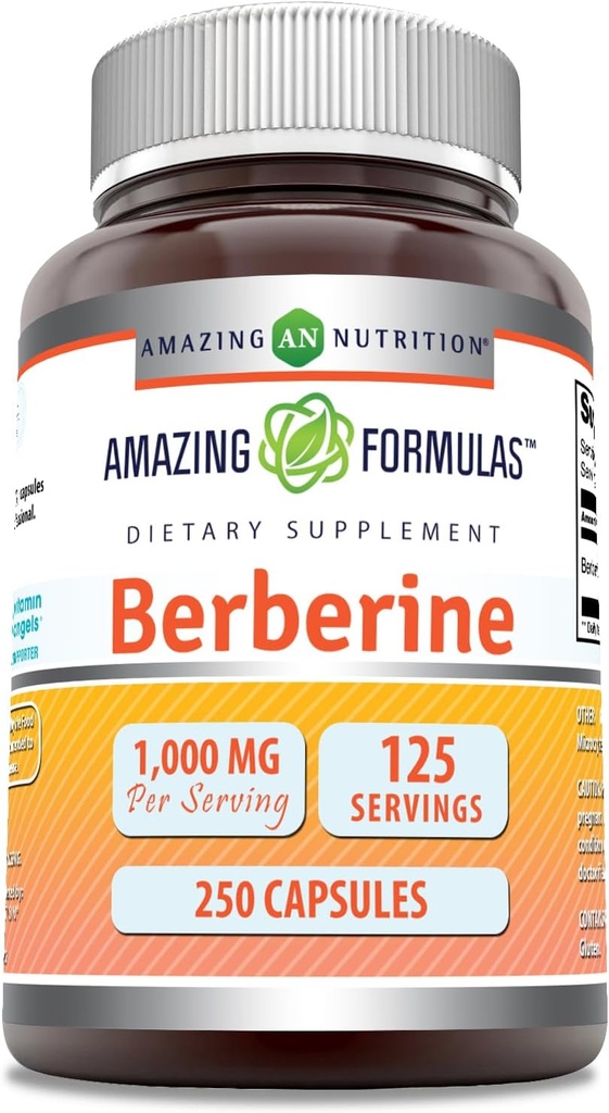 Amazing Formulas Berberine 1000 mg EN 250 Capsules Supplement | Non GMO | Gluten Free | ABD'de Gerçekleştirilmiş Yükseklik ve Potency ile ABD'de Yapılan
