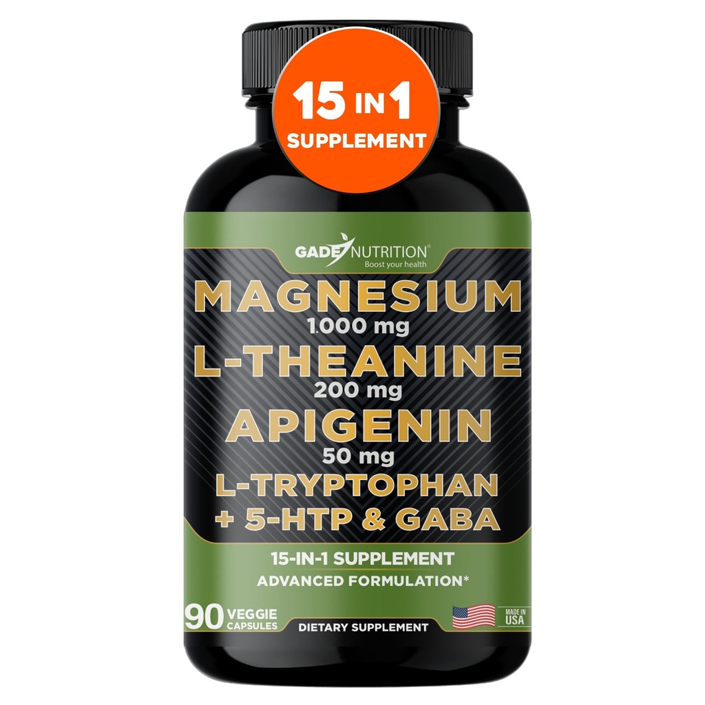 Gade Nutrition Magnesium Glycinate & Magneisum Supplements with Apigenin, L Theanine 200 mg, 5 HTP, GABA Calm Brain Booster Supplement Sleep Aid Ashwagandha L Tryptophan Chamomile