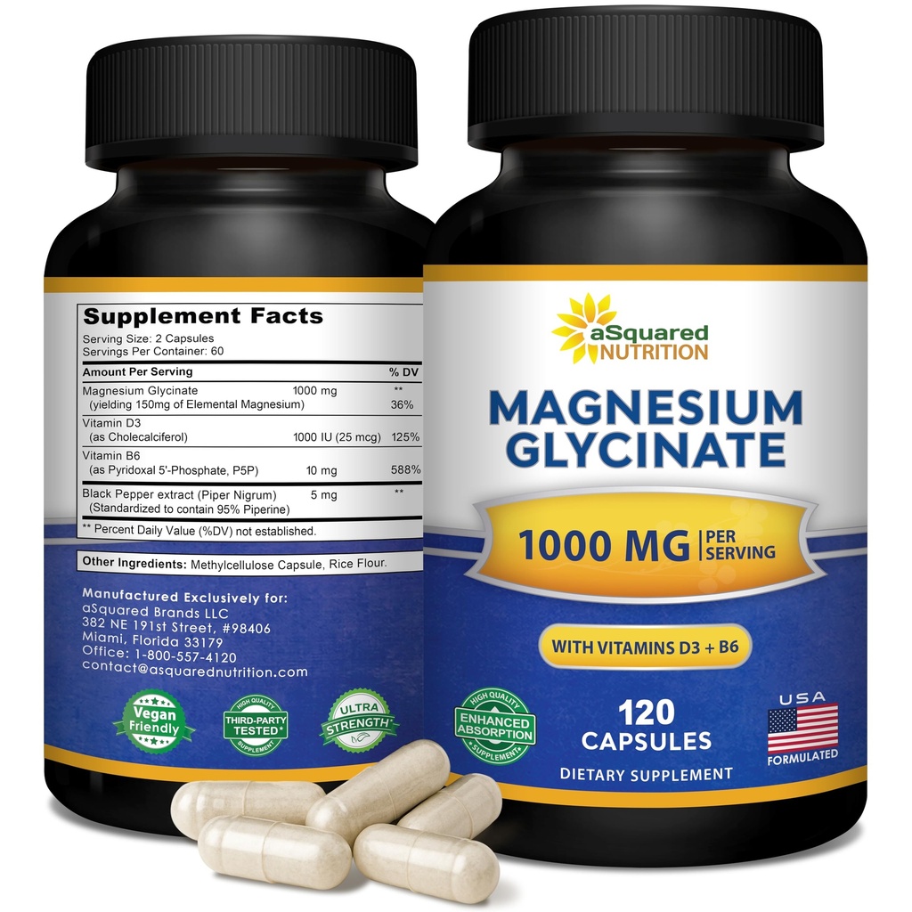 Magnezyum Glycinate 1000 mg D3 & B6-500mg per Capsule - Pure Elemental Mag Supplement Complex for Sleep, Muscle, Bone Health - Create Gummies, Tabletler & Toz - 120 Capsules