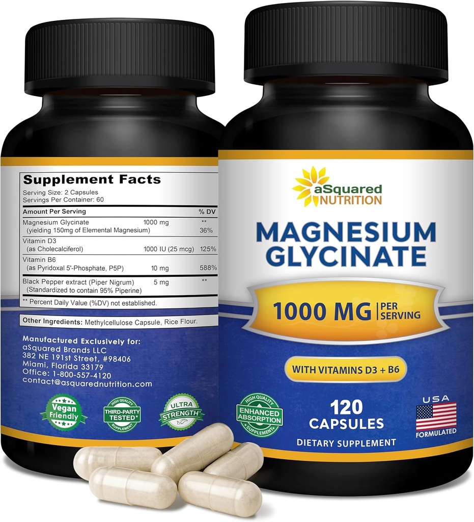 Magnezyum Glycinate 1000 mg D3 & B6-500mg per Capsule - Pure Elemental Mag Supplement Complex for Sleep, Muscle, Bone Health - Create Gummies, Tabletler & Toz - 120 Capsules