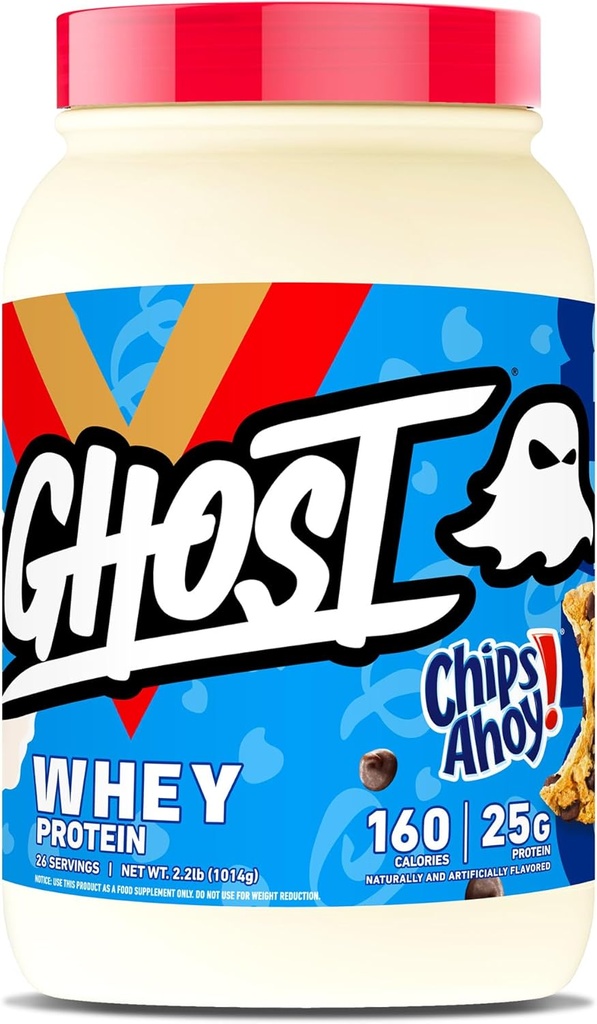 GHOST Whey Protein Toz, Chips Ahoy! - 2LB, 25G Protein - Whey proteini - -Post Workout Fitness & Beslenme Shakes, Smoothies, Baking & Cooking - Cookie Pieces Inside