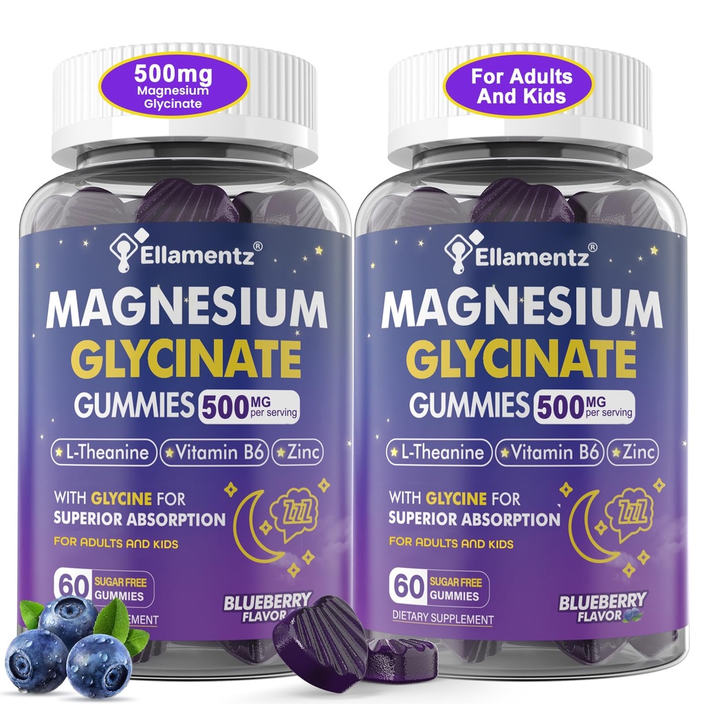 Magnesium Glycinate Gummies 500mg/250mg for Adults Kids Teens, Sugar Free Magnesium Calm Sleep Aid, Kids Sleep Gummies with L-Theanine Glycine B6 for Sleep, Calm, Muscle,Relax Brain,No Melatonin,2Pack