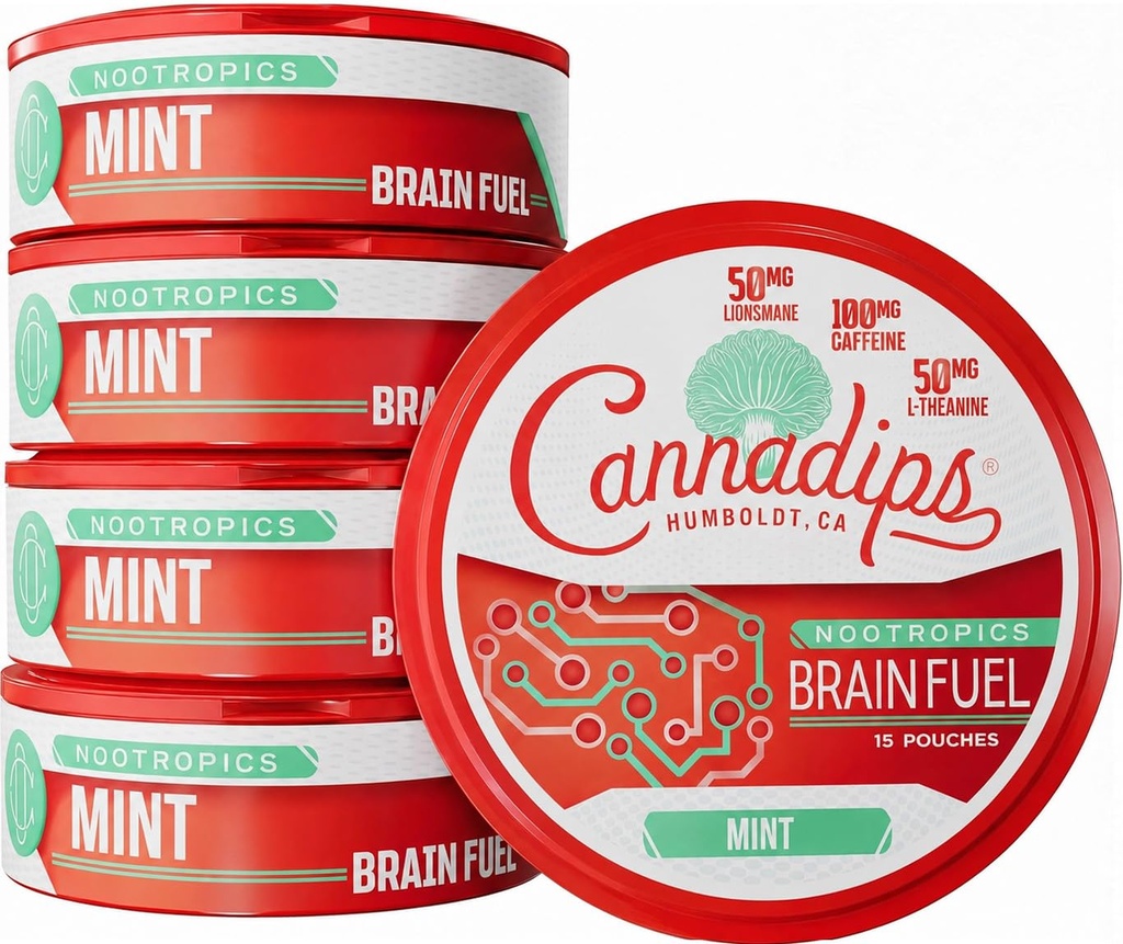 Cannadips - Mint Energy, Nootropic Caffeine Pouches, Made in USA, 5‑Pack | 50mg Lion's Mane, 100mg Caffeine, 50mg L-Theanine,No Sugar,Ultra Performance,Brain Fuel,Cognitive Performance, Energy Pouches