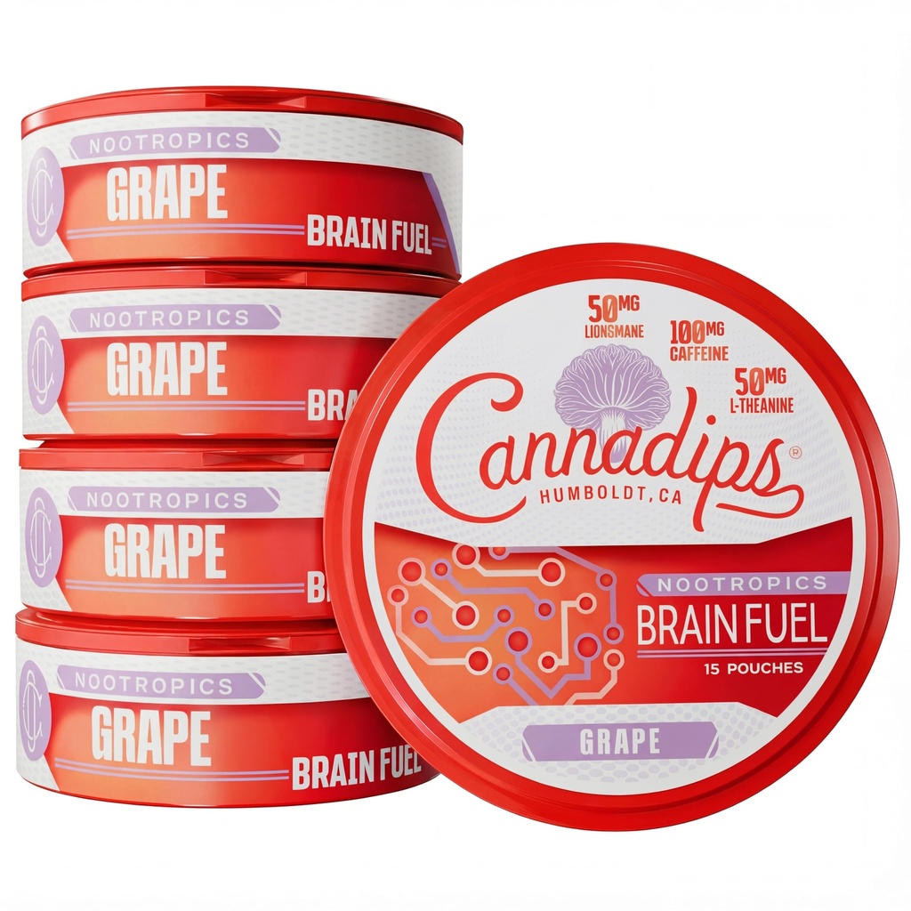 Cannadips - Grape Energy, Nootropic Caffeine Pouches, Made in USA, 5‑Pack | 50mg Lion's Mane, 100mg Caffeine, 50mg L-Theanine,No Sugar,Ultra Performance,Brain Fuel,Cognitive Performance, Energy Pouches