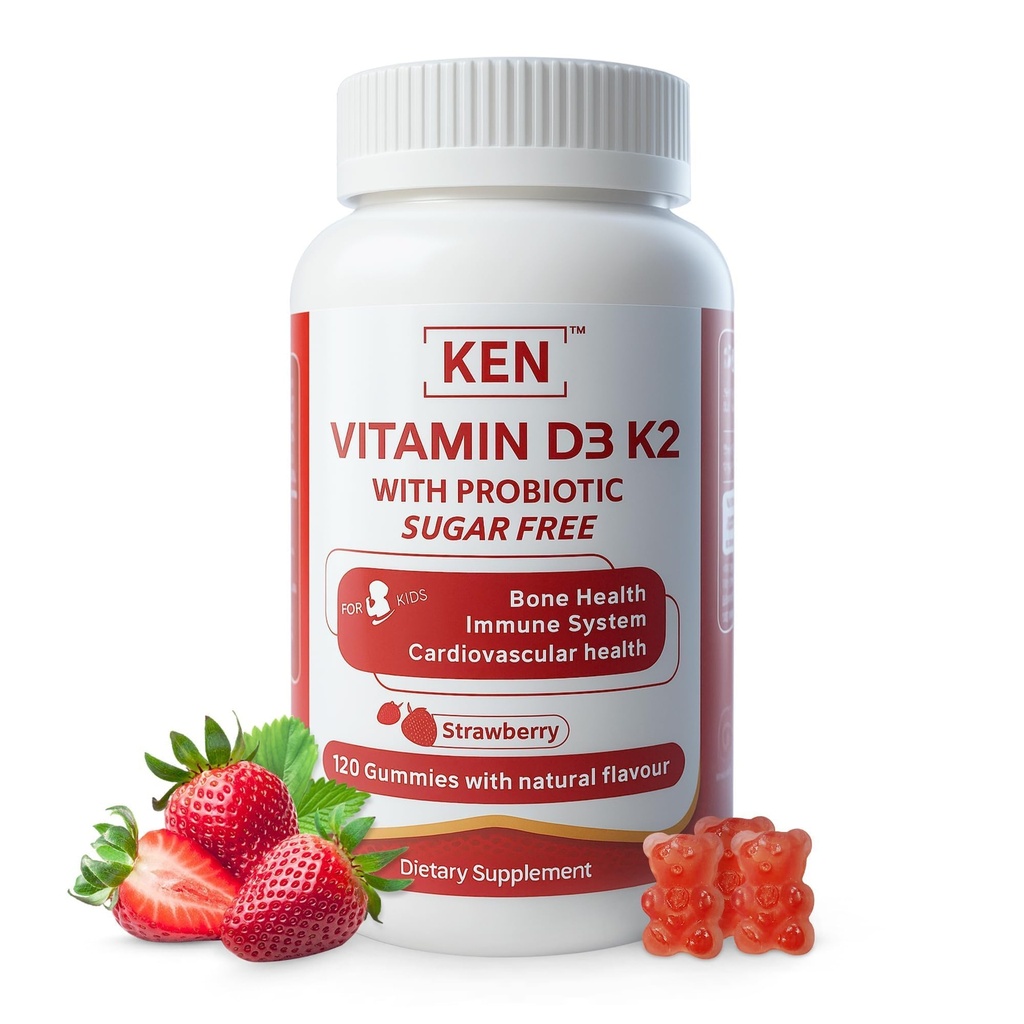 KEN Kids Vitamin D3 K2 with Probiotics Sugar-Free Gummies 5 Billion CFU | 120 gummies, Supports Calcium Absorption, Bone Support, Gut Balance, Immune Function, Non-GMO, Strawberry flavor