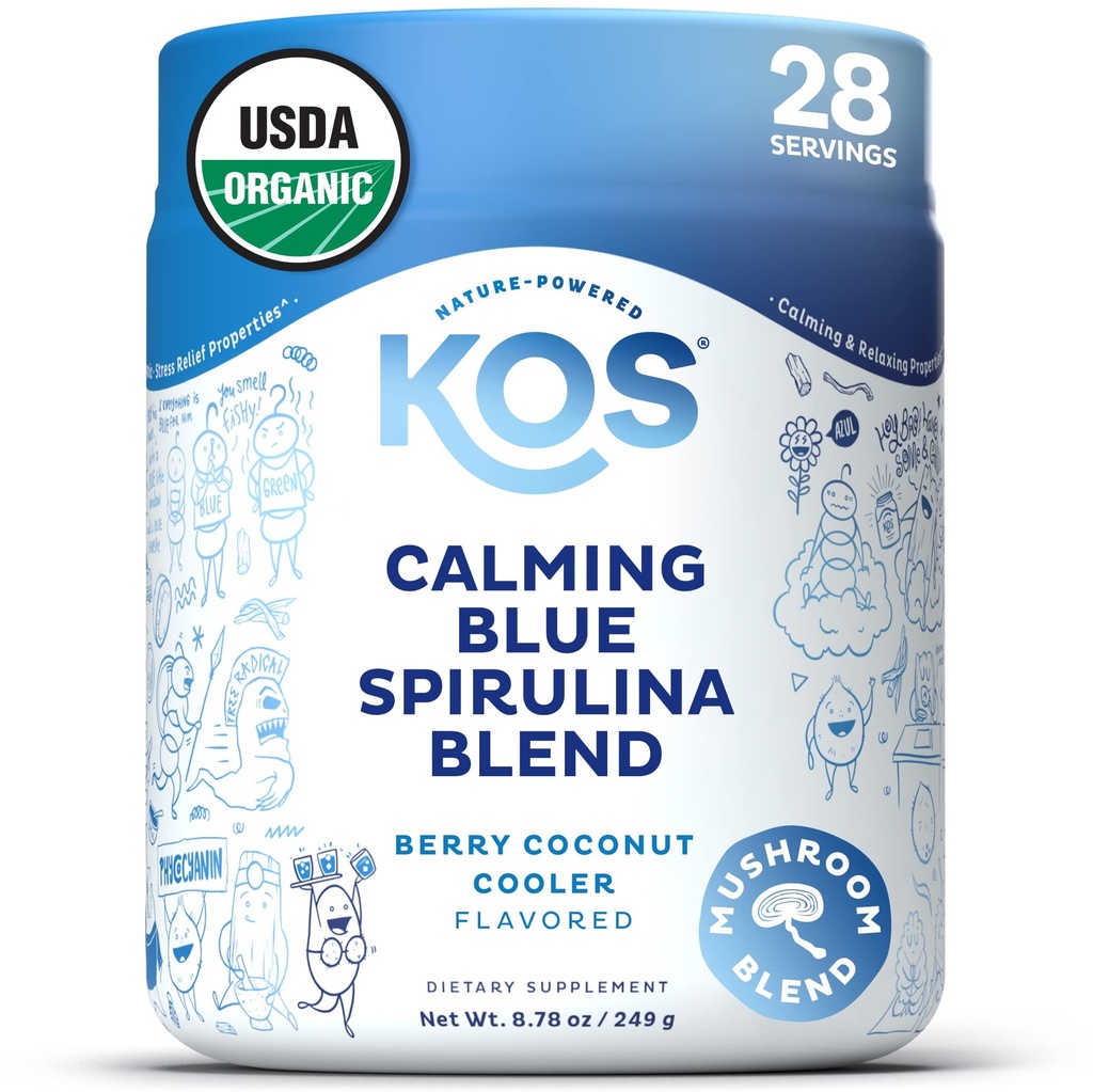 KOS Calming Blue Spirulina Mix- USDA sertifikalı Organik - Ashwagandha Root, Lemon Balm, Reishi Mushroom, B Vitamins - Berry Coconut Cool Flavor, 28 Hizmetler