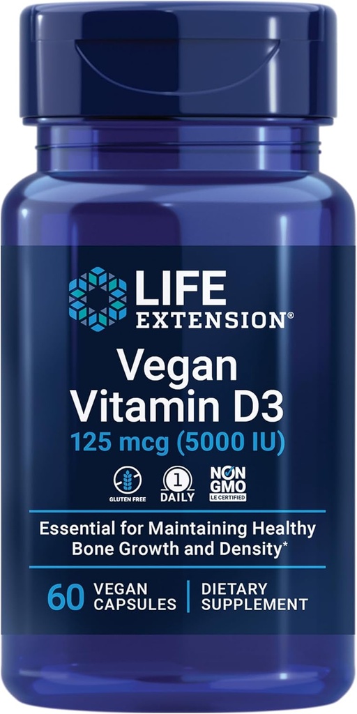 Επέκταση ζωής Vegan Βιταμίνη D3, 125 mcg (5000 IU), χοληκαλσιφερόλη από άλγη, υψηλής ισχύος Ανοσοποιητική, Οστική & Ολική-Body Υγεία, Χωρίς γλουτένη, Μη ΓΤΟ, 1 Καθημερινή, Vegan, 60 Vegan Κάψουλες