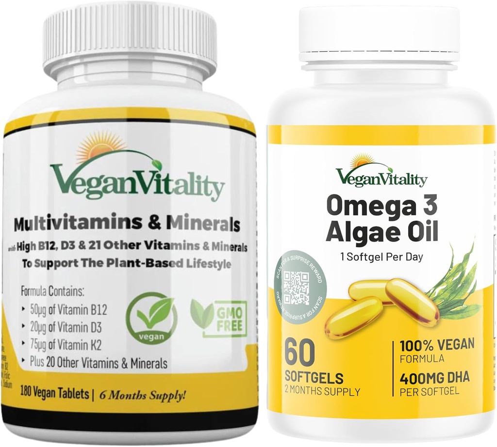 Vegan Vitality Immunity Alert Sche 6 Ay - Vegan Multivitaminler ve Vegan Omega 3 Algae Petrol. Immunity, Energy General Health for Vegans and Vegetarians