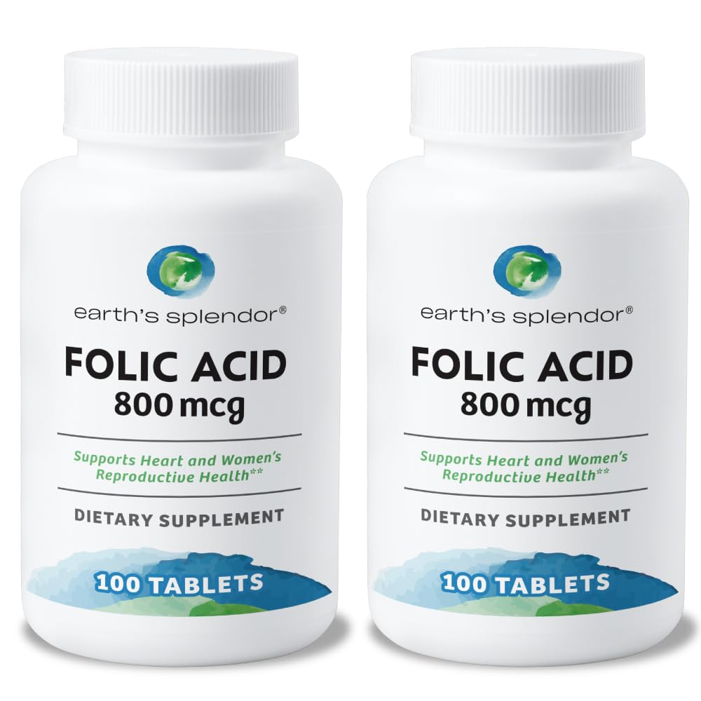 Folic Acid 800 mcg της Γης συμπλήρωμα, υποστηρίζει την υγεία της καρδιάς, υποστηρίζει την αναπαραγωγική υγεία των γυναικών, λεία επικαλυμμένα δισκία (800 mcg, 200 δισκία, συσκευασία του 2)