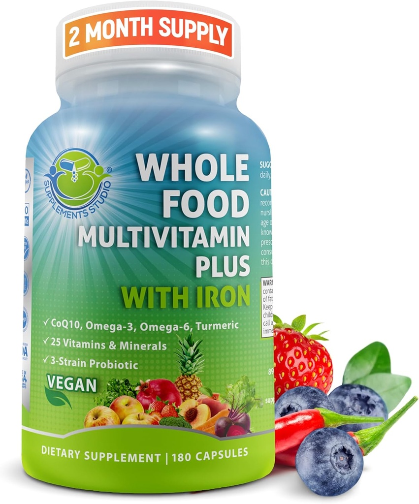 Vegan Whole Food Daily Multivitamin with Iron, Metilated Multivitamin for Women and Men, Made with Fruits & Sebzes, B-Complex, Probiyotiks, Enzymes, CoQ10, Omegas, Turmeric, Non-GMO, 180 Count