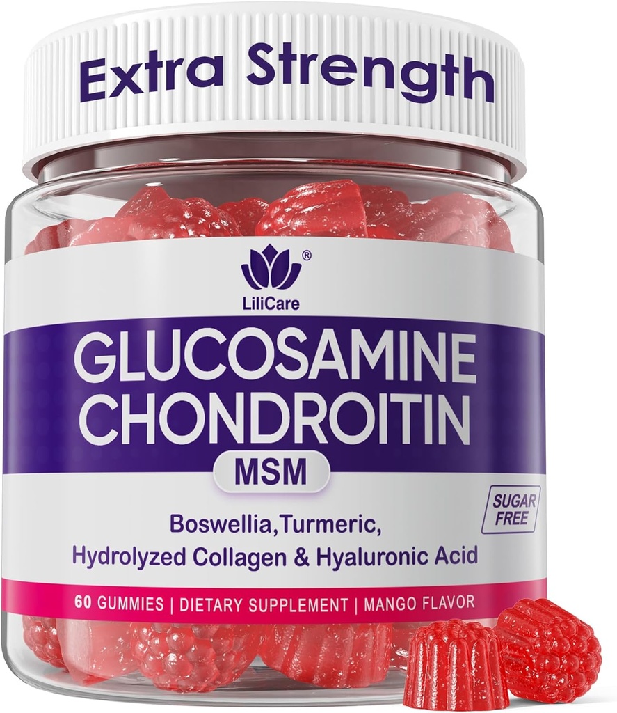Glucosamine Chondroitin Gummies, Sugar Free Glucosamine Chondroitin MSM Supplement, Boswellia Turmeric, Hydrolyzed Collagen & Hyaluronic Acid, Bone Health for Men & Women, 60 Cts