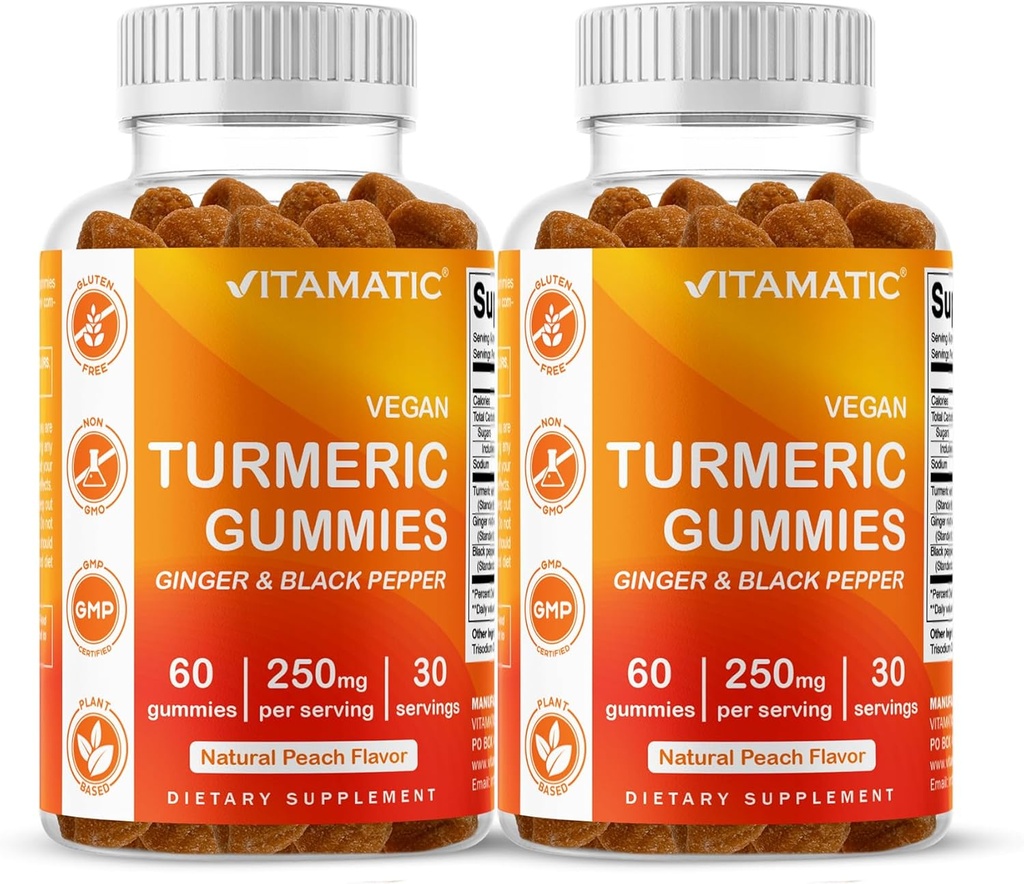 Vitamatic Turmeric Gummy with Ginger & Black Pepper Extract – 60 Vegan Gummies Her | 2 Pack (120 Gummies) 95 Curcuminoids - Güçlü Antioksi & Inflammatory Support