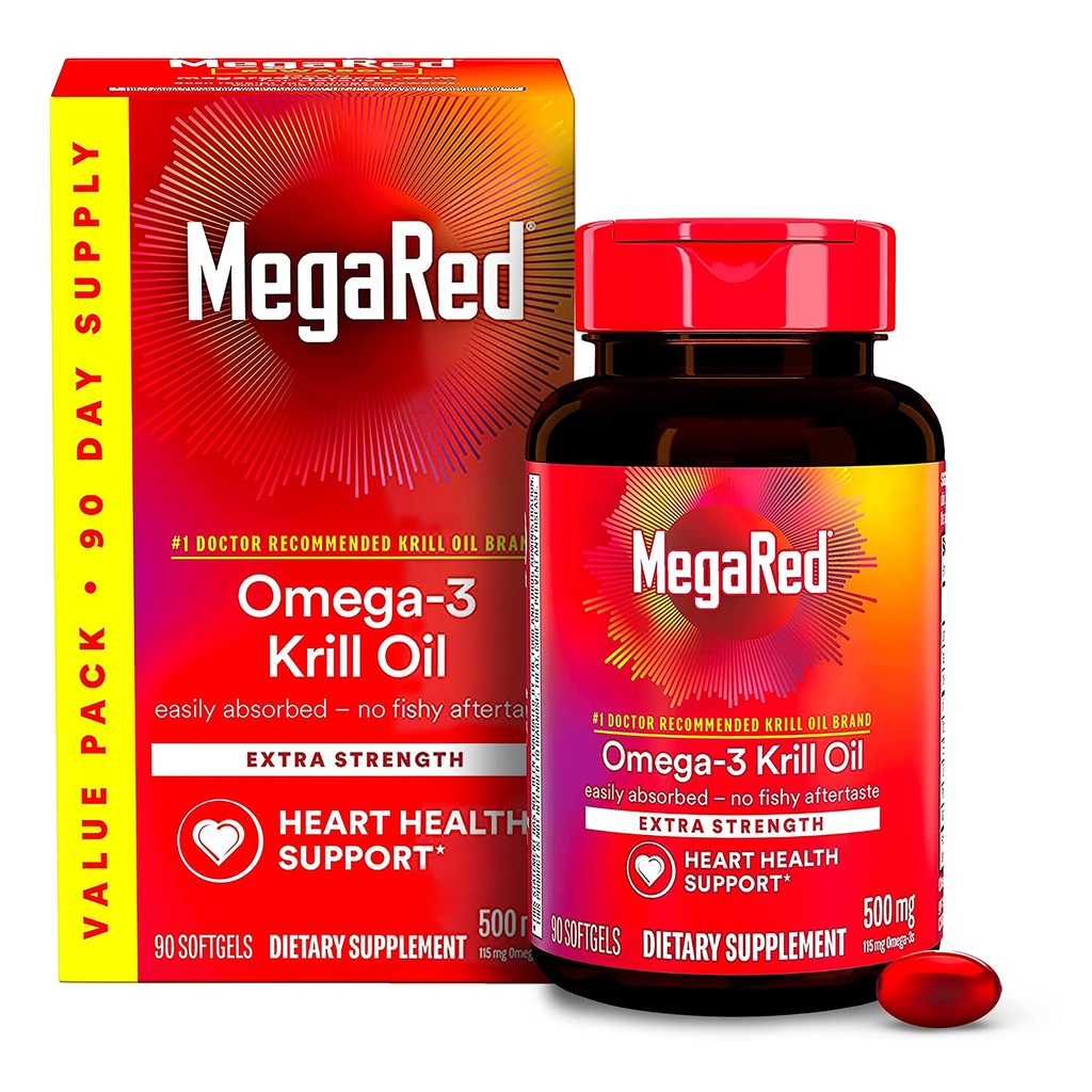 MegaRed Antarktika Krill Oil 500 mg Omega 3 Fatty Asit Supplement, Ekstra Güçlü EPA & DHA Krill Oil Softgels (90cnt Box), Astaxanthin, Kalp Sağlığı Tamamı No Fish Oil Aftertaste