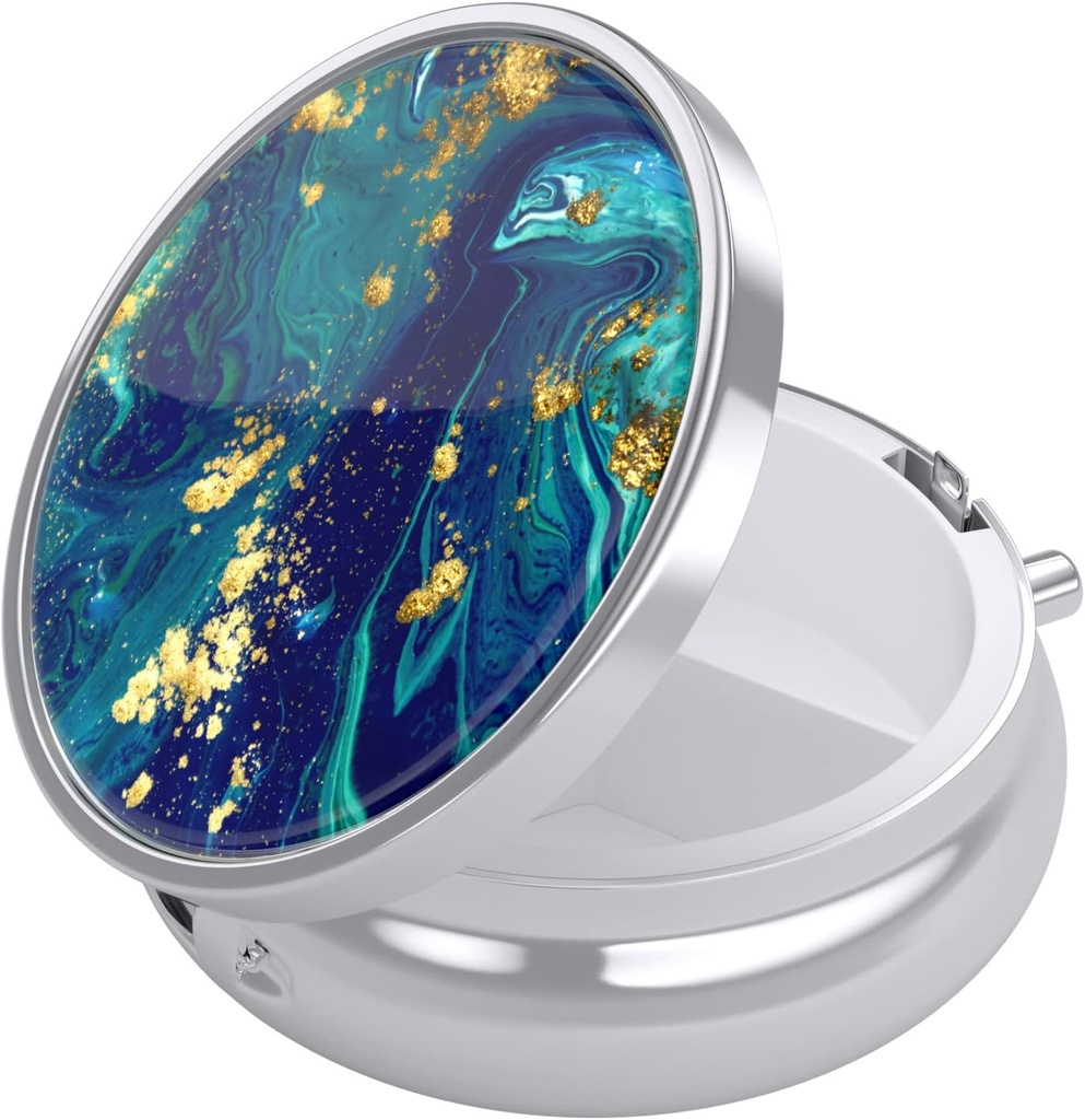 Nipichsha Pill Box, Küçük Pill Case for Purse & Pocket, Cute Travel Medicine Organizer, Portatif Tıp Konteynerleri Vitaminleri, İlaçları, Fish Oil & Supplements, Teal Gold Mermer