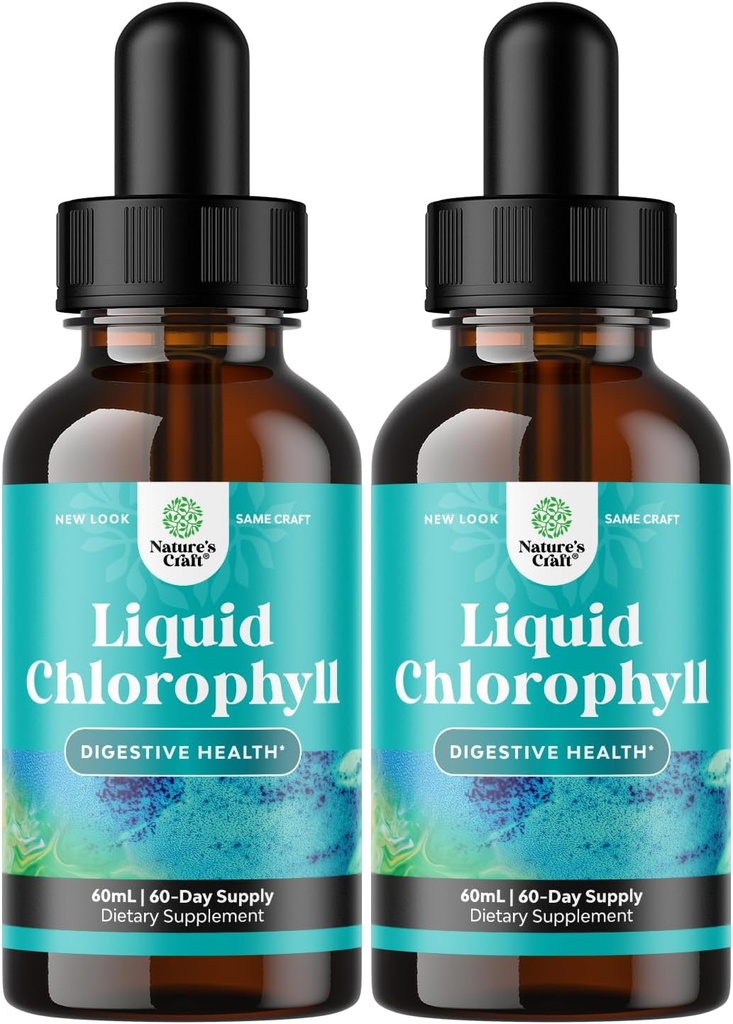 Mint Flavored Chlorophyll Liquid Drops - Vegan Liquid Chlorophyll Drops for Immune Support Gut Health Skin Care Detox Liver Support Energy and Bad Breath - High Potency Internal Deodorizer - 2 Pack