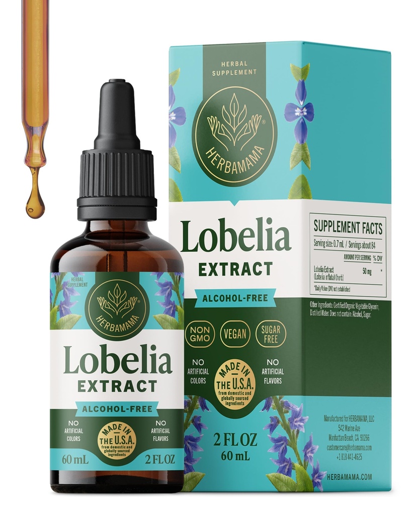 HERBAMAMA Lobelia Βάμμα - Vegan Lobelia Leaf Extract για Lung Detox & Cleanse - Αναπνευστική Πνεύμονα Υποστήριξη Σταγόνες - Μη ΓΤΟ, Αλκοόλ & Χωρίς Ζάχαρη Συμπλήρωμα αναπνευστικής υποστήριξης