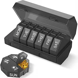 Haftalık Pill Organizer 4 Times a Day, Büyük Pill Box 7 Günlük Pill Case with 28 Ekstra Büyük Karşılaştırmalı Portre Seyahat Pill Konteyner Big Medicine Organizer for Supplement Vitamin (Black)