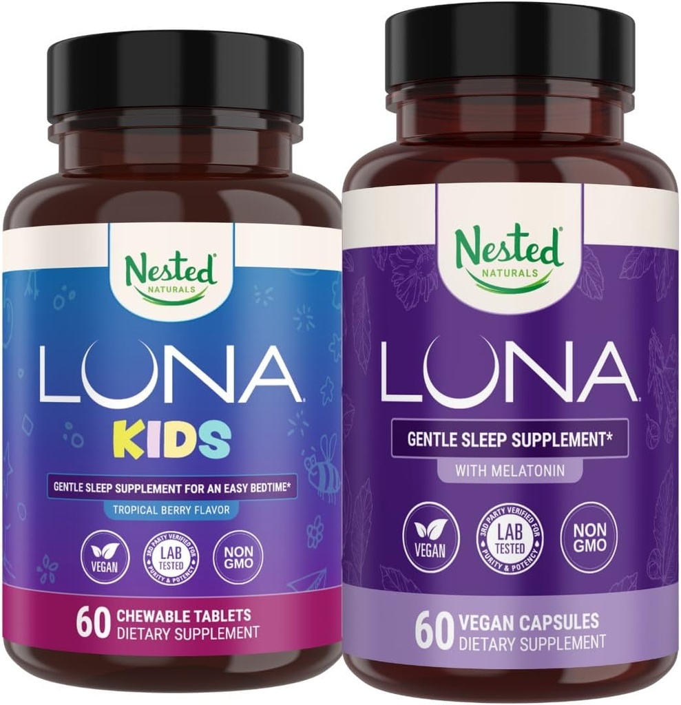 Nested Naturals Sleep Aid Bundle | Luna Adult & Luna Kids Sleep Aid with Natural Ingredients (Melatonin, Chamomile, Valerian) for Deep Sleep and Relaxation (120 Count)