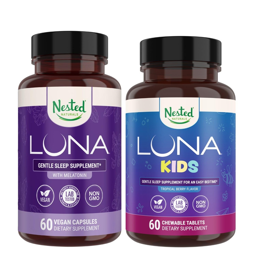 Nested Naturals Sleep Aid Log | Luna Yetişkin & Luna Çocuklar Doğal Malzemeler (Melatonin, Chamomile, Valerian) Deep Sleep and Relaxation (120) Count)