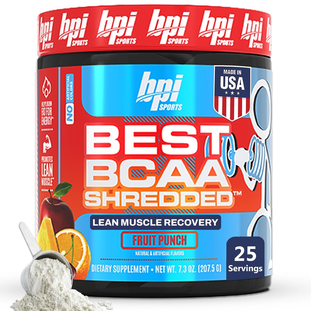 BPI Sports Best BCAA Shredded - Caffeine Δωρεάν θερμογόνο ποτό αποκατάστασης, Lean Muscle Building BCAA Σκόνη για γυναίκες και άνδρες, Preworkout BCAAs Amino Acids Ποτό- Φρούτα Punch - 25 Υπηρεσίες