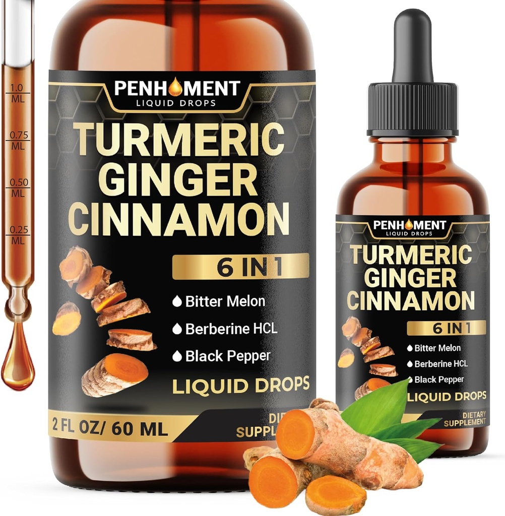 6in1 Sıvı Turmeric Curcumin with Ginger, Berberine Extract, Ceylon Cinnamon, Bitter Melon, Black Pepper - Drops Extract - 2FL oz - 60 Hizmet