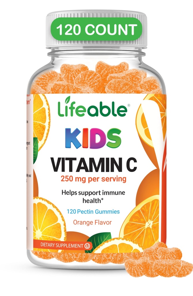 DOCTOR'S FINEST Vitamin C Gummies for Kids - Vegan, GMO Free & Gluten Free - Great Tasting Orange Flavor Pectin Chews - Kids Diyetary Supplement - 250 mg of Vitamin C - 120 Jellies [60 Dos]
