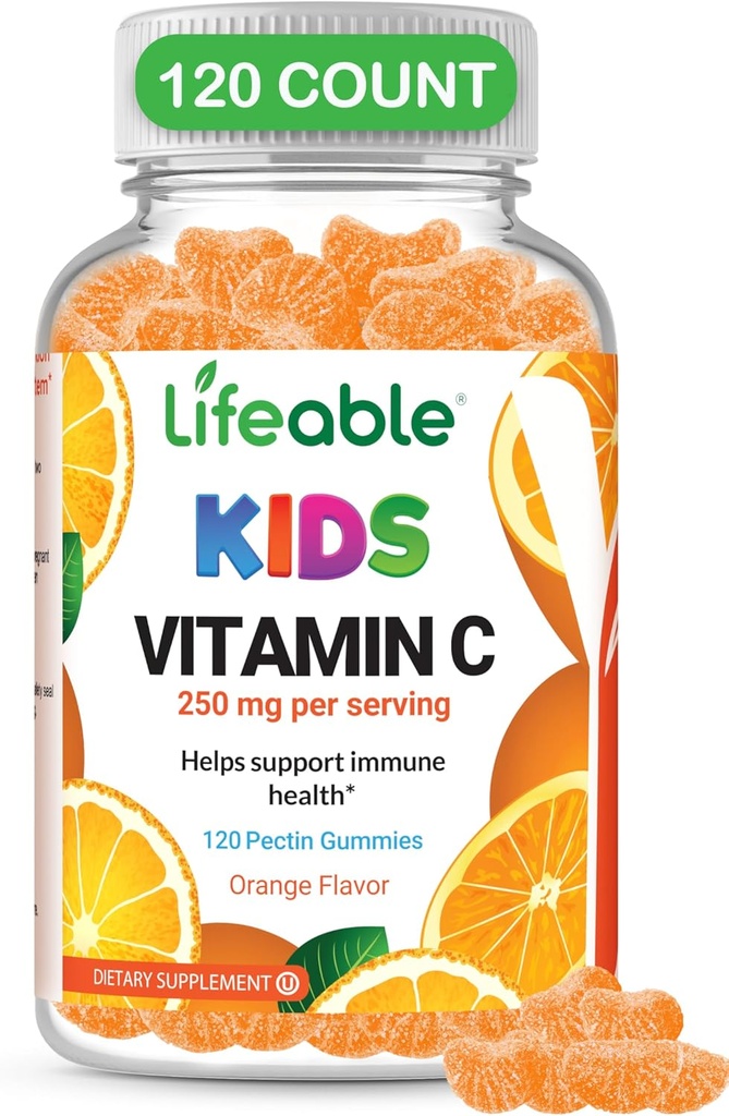 DOCTOR'S FINEST Vitamin C Gummies for Kids - Vegan, GMO Free & Gluten Free - Great Tasting Orange Flavor Pectin Chews - Kids Diyetary Supplement - 250 mg of Vitamin C - 120 Jellies [60 Dos]