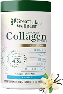 Great Lakes Wellness Keto Boost Advanced Collagen Peptides Powder με 4,2g MCTs - Vanilla Flavored - Nutritially-Rich Non Dairy Coffee Creamer ή Smoothie Alt - Non-GMO, Kosher - 14,1 oz