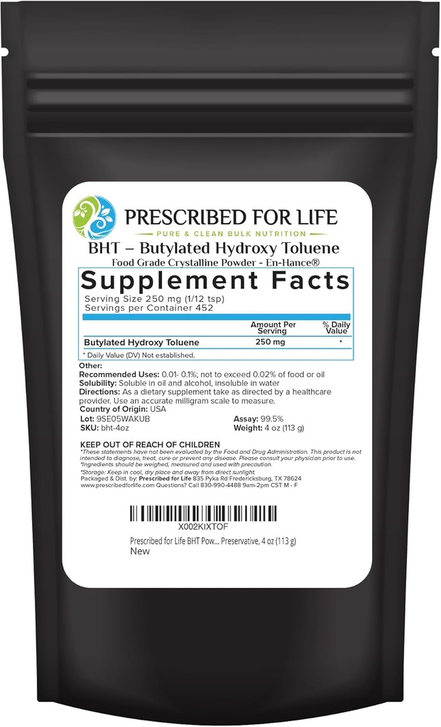 Life BHT Toz, Tozlu Amaylated Hydroxytoluene for Food P protection, Vegan, Gluten Free, Non GMO, Unbleached, Soy Free (4oz / 113g)