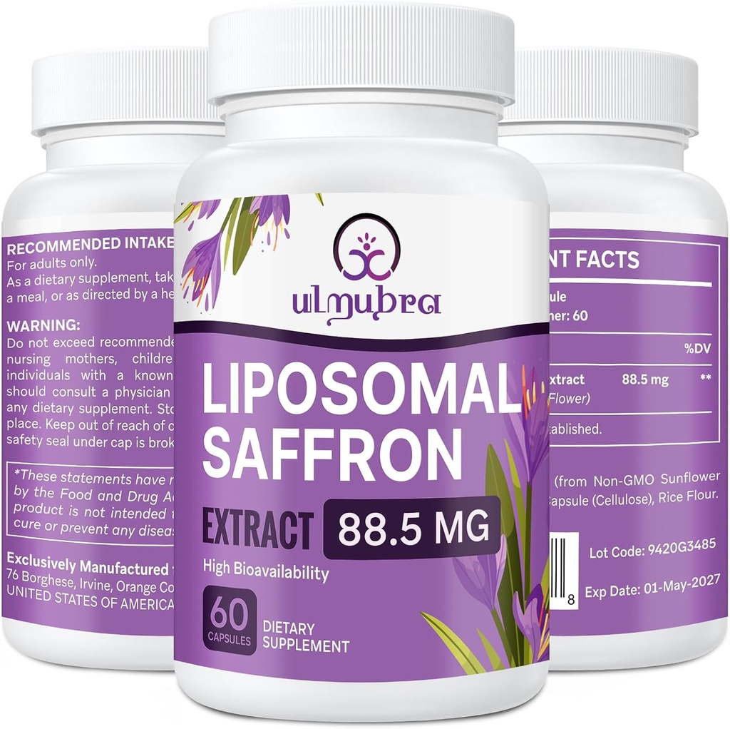 Liposomal Saffron Συμπληρώματα 88, 5 mg, Μέγιστη Απορρόφηση, 100% Καθαρό εκχύλισμα Saffron Κάψουλες για Mood, Energy, Vision & Focus - 60 Κάψουλες Vegan