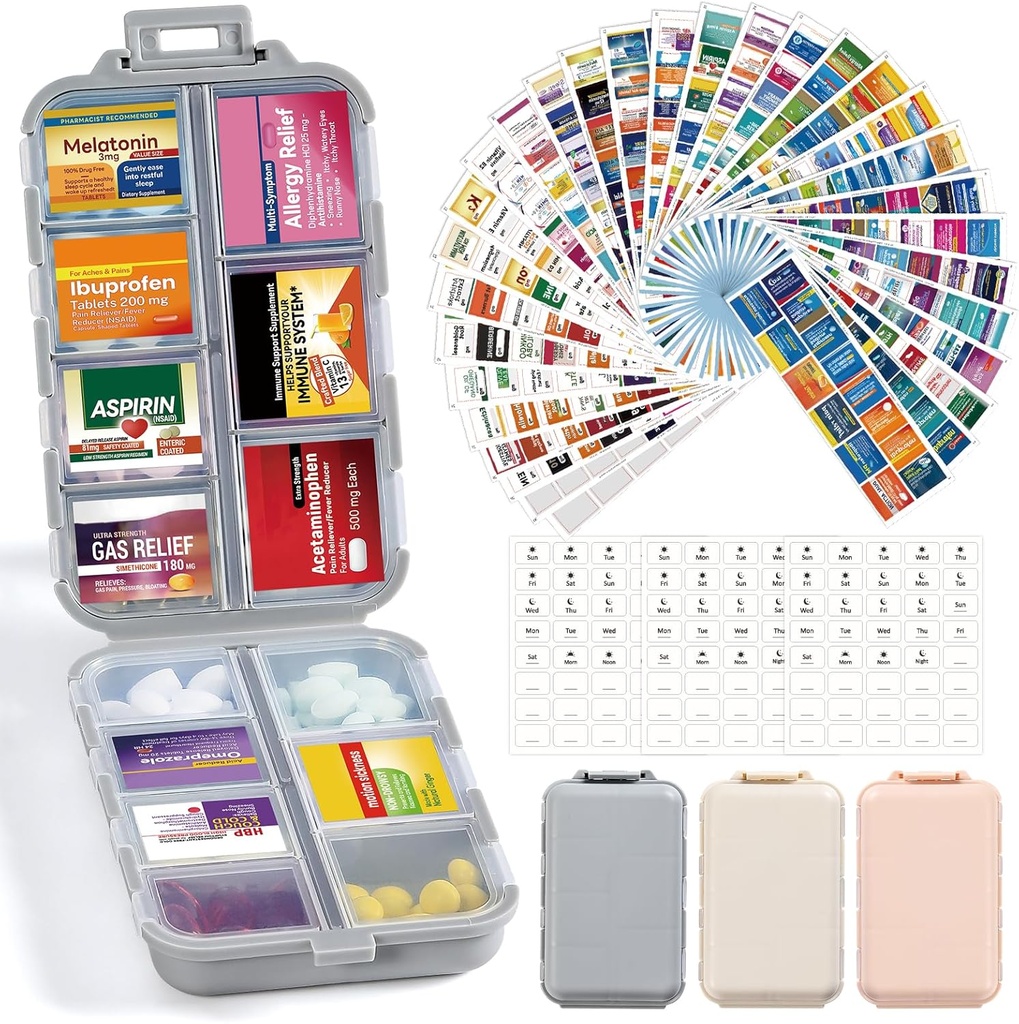 3 Pack 14 Grids Travel Pill Organizer Box με 415-PCs Medicine Name Labels - Pocket Daily Pharmacy Case Container Kit - Travel Medication Holder Dispenser for Fish Oil Vitamin Supplement Storage